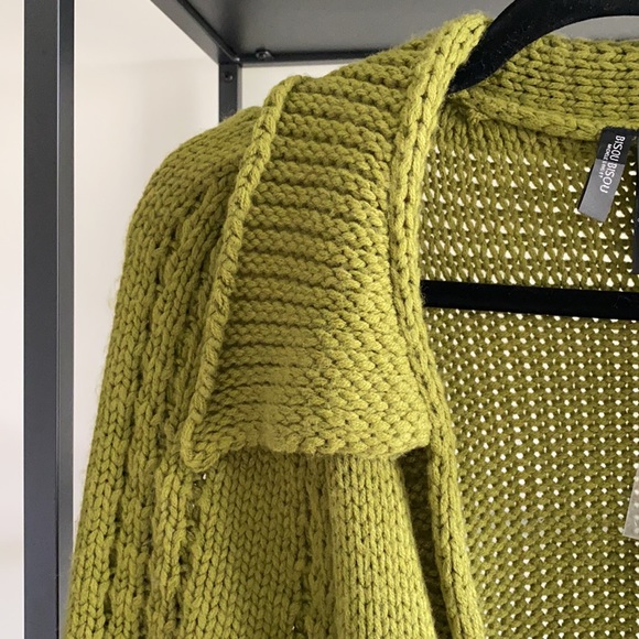 Bisou Bisou Green Chunky Collared Tie Waist Knit One-Button 3/4 Sleeve Cardigan - Picture 2 of 9